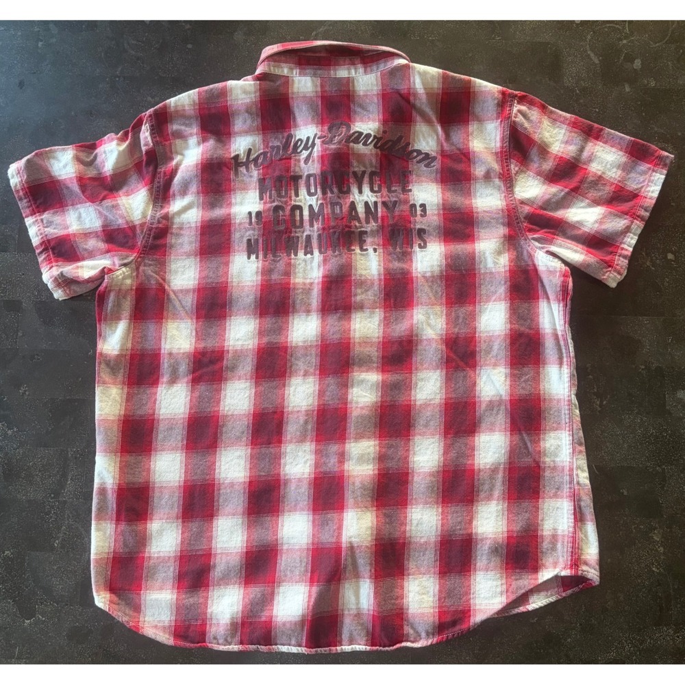Harley-Davidson Mens 2XL Red White Plaid Flannel Shirt Short Sleeve Button Up - Picture 2 of 8